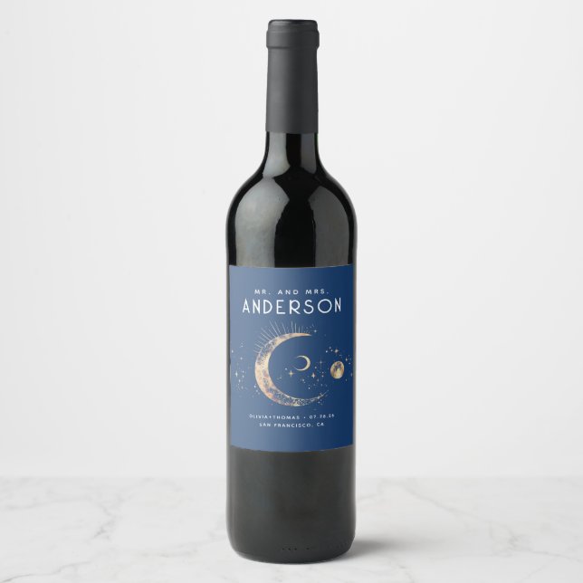 Himmelsmystical Night Sky Navy Blue Wedding Weinetikett (Vorderseite)