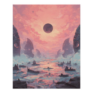 Himmelsnebel-Fantasy-Landschaft bei Sonnenfinstern Poster