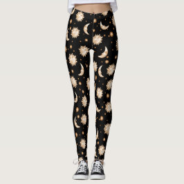 Himmelssonne und Mond-Gold-Schwarz-Muster Leggings