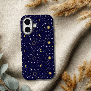 Himmelssterne Mond Sonne Blau Gold Weiß Trendig iPhone 16 Hülle