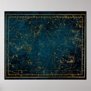Himmelssternkarte Konstellation blaue Goldgalaxie Poster