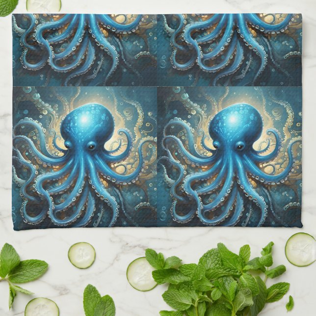 Himmelswellen: Das blaue Octopus-Fraktal Kunst Geschirrtuch (Gefaltet)
