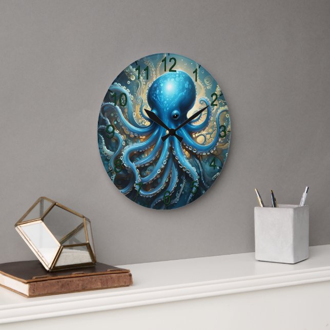 Himmelswellen: Das blaue Octopus-Fraktal Kunst Große Wanduhr (Büro)