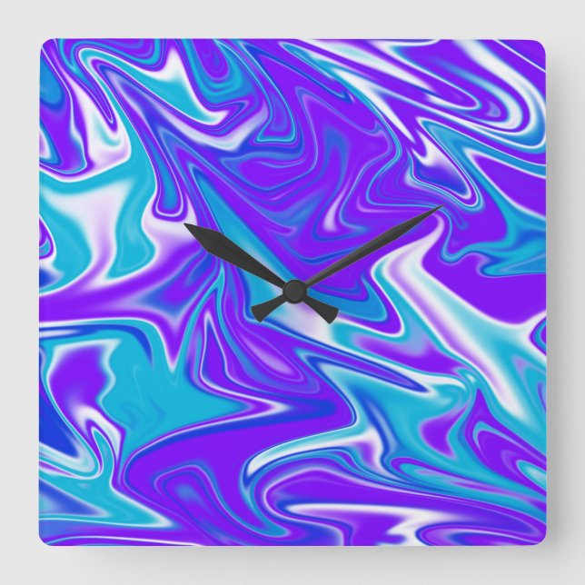 "Himmelswellen: Der blauweiße und Lila Marmor Quadratische Wanduhr (Vorderseite)