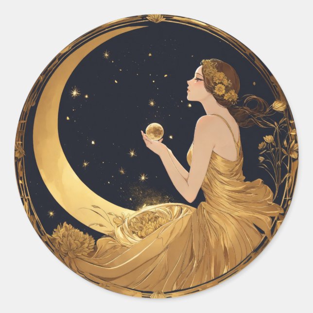 Himmelträume: Minimalistischer Mond und Sternenmau Runder Aufkleber (Vorderseite)