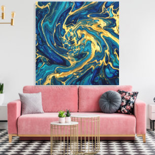 Himmering Gold & Deep Sea Blue Fluid Acryl Abstrak Leinwanddruck