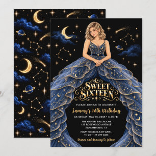 Himmlisch Blau Gold Sweet Sixteen Geburtstag Einladung