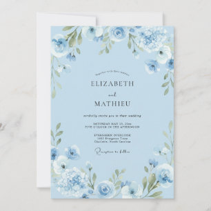 Himmlisch blaue elegante botanische Hochzeit Einladung