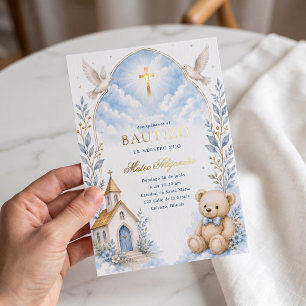 Himmlisch blaue Teddybär-Tauf-Einladung Folieneinladung