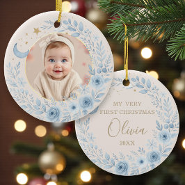 Himmlisch blaues Baby-Erstweihnachtsfoto Keramik Ornament