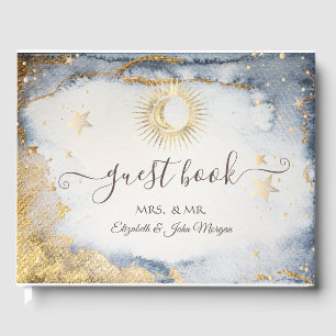 Himmlisch Gold Sonne, Mond, Sterne Aquarell Gästebuch