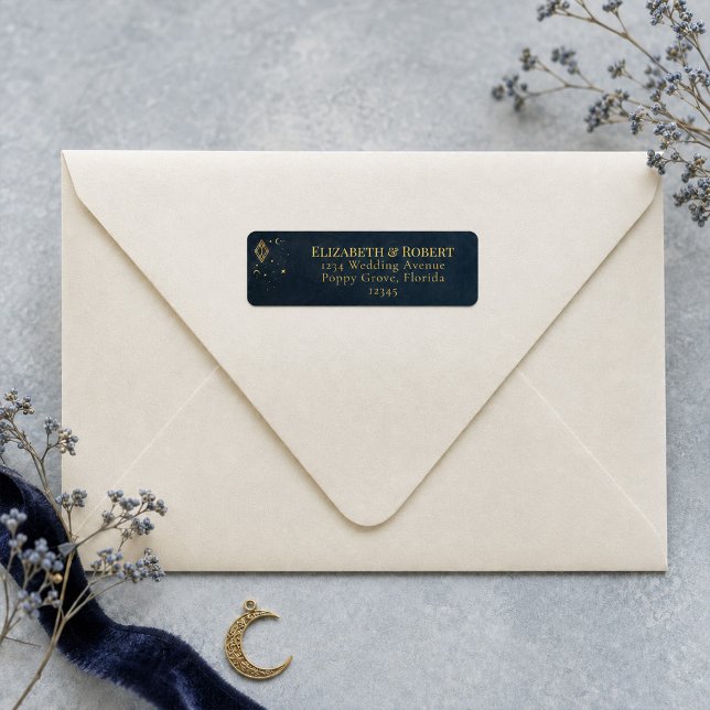 Himmlisch-gotische, mitternachtsblaue Rücksende-Ad (Celestial Gothic Midnight Blue Gold Return Address Label)