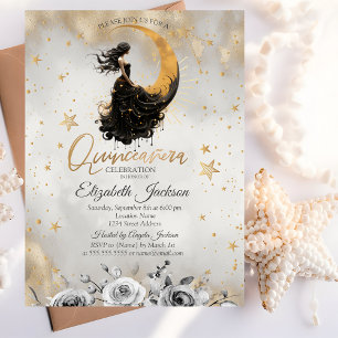 Himmlisch Mond Mädchen Blumen Sterne Quinceanera Einladung