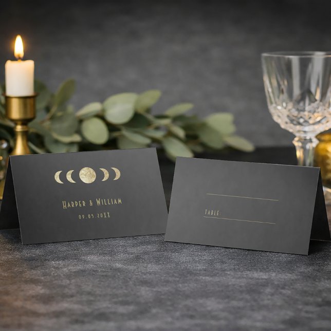 Himmlische Art-Deco-Hochzeitsplatzkarte Platzkarte (Celestial equinox art deco with moon phases place card)