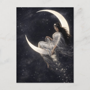 Himmlische Art Nouveau Frau auf zunehmendem Mond Postkarte