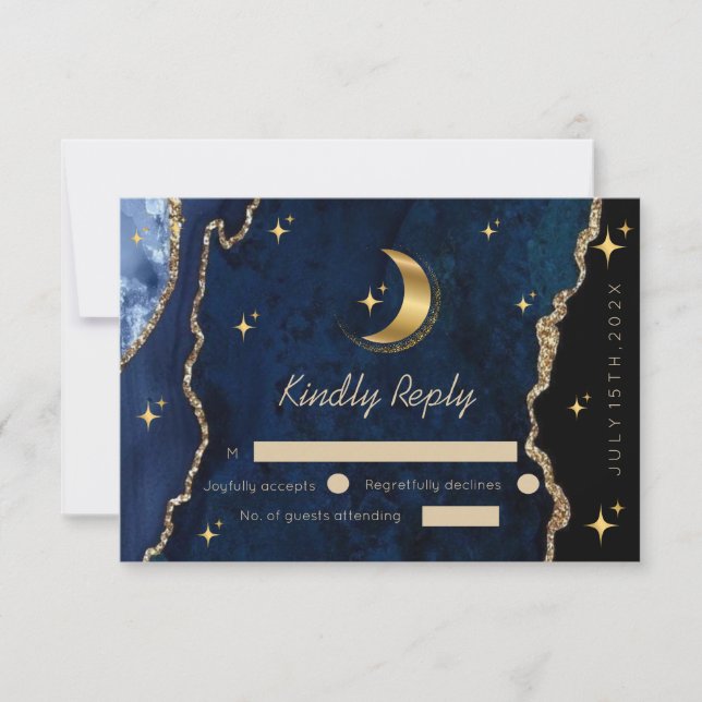 Himmlische blaue Hochzeit Mitternachtssterne Mond  RSVP Karte (Vorderseite)