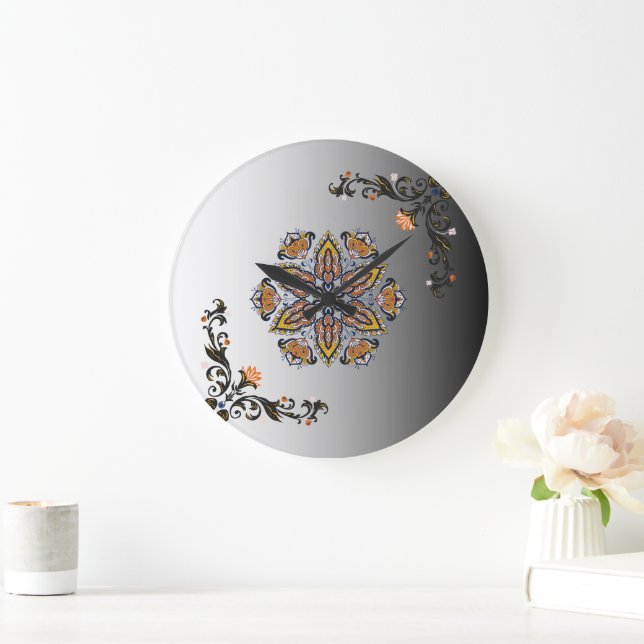 Himmlische Blüte Schwarzes Gold Mandala Große Wanduhr (Zuhause)
