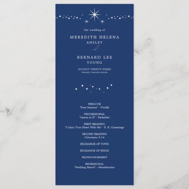 Himmlische Elegante Sterne Navy Blau Hochzeit Flat Programm (Vorderseite)