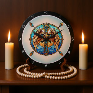 Himmlische Farbtöne Geflügeltes Kreuz  Große Wanduhr
