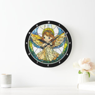 Himmlische Farbtöne" - Glasmalerei-Engel-Wand Große Wanduhr