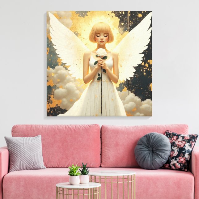 Himmlische Gnade | Hübscher Engel und Rose  Leinwanddruck (Insitu (Wohnzimmer))