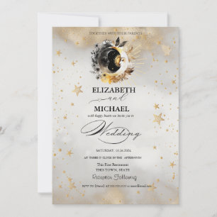 Himmlische Gold Sterne Monde Blumen Schrift Einladung