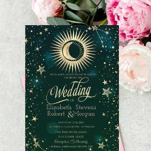 Himmlische goldene Sonne und Mond Sterne Hochzeit  Einladung