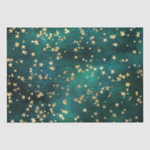 Himmlische goldene Sterne auf teal-galaktischem Hi Seidenpapier