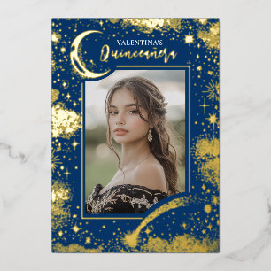 Himmlische Goldene Sterne Mondnacht Quinceanera Fo Folieneinladung