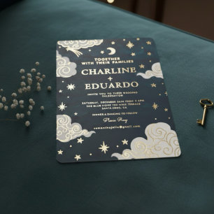 Himmlische Goldfolie Mond & Sterne Hochzeit  Folieneinladung