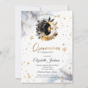 Himmlische Goldsonne, Mond, Sterne Blumen Quincean Einladung