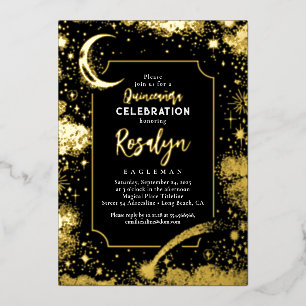 Himmlische Goldsterne und Mondnacht Quinceanera Folieneinladung