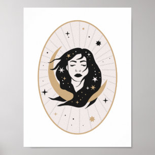 Himmlische Göttin mit fließendem Haar Mond Mystisc Poster