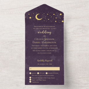 Himmlische Hochzeit Deep Purple Mond und Sterne All In One Einladung