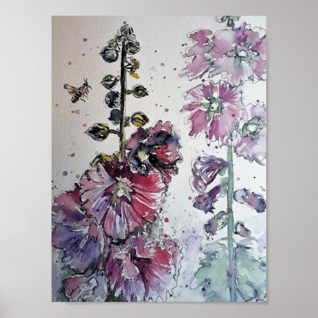 Himmlische Hollyhocks Aquarellbilder drucken Poster (Vorne)
