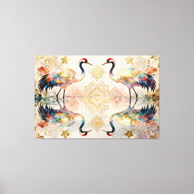 Himmlische Kraniche in Harmonie - Wasserfarben  Leinwanddruck (Vorderseite)