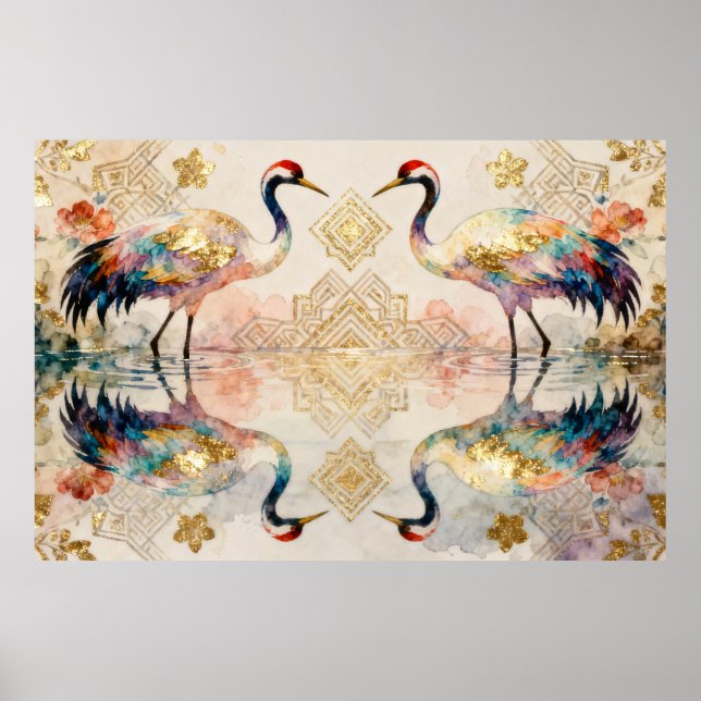 Himmlische Kraniche in Harmonie - Wasserfarben  Poster (Vorne)