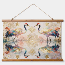 Himmlische Kraniche in Harmonie - Wasserfarben Wandteppich Mit Holzrahmen