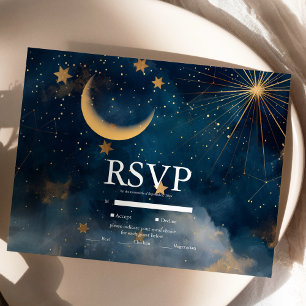 Himmlische Midnight Blue Sterne Mond Hochzeit RSVP Karte