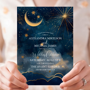 Himmlische Mitternachtsblaue Sterne Mond Hochzeit Einladung