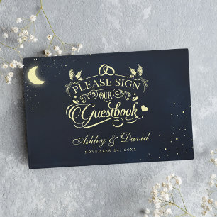 Himmlische Mond Sterne Mitternachtsblaue Hochzeit Gästebuch