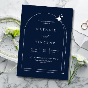 Himmlische Navy-Blau-Hochzeit Elegante Bogenrahmen Folienkarte
