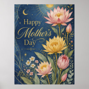 Himmlische Navy Gold Lotus Botanik Poster