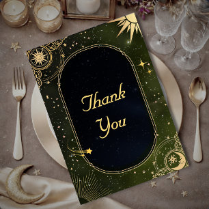 Himmlische Olive-Grün-Stern-Sonne-Mond-Hochzeit Dankeskarte