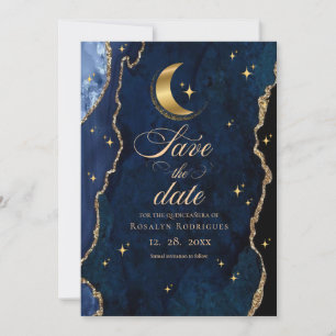 Himmlische Quinceanera-Sterne und Mond Blau Save The Date