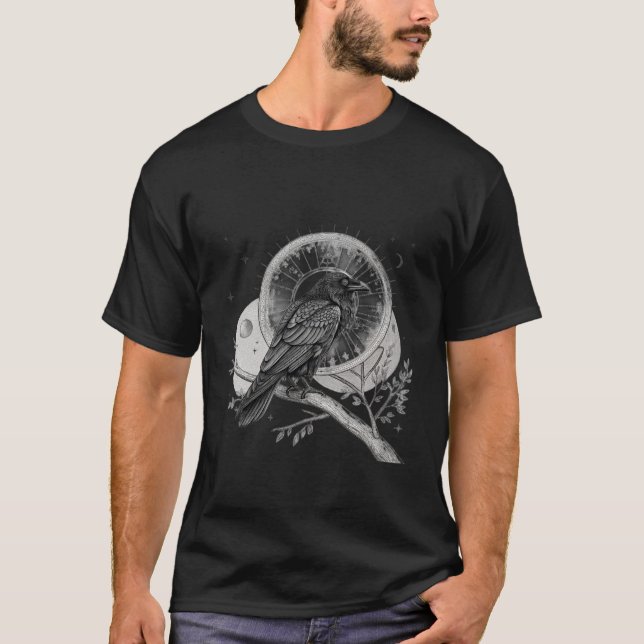 Himmlische Rabenkrähe Vogel Mond Heilige Geometrie T-Shirt (Vorderseite)