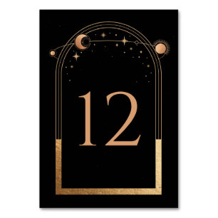 Himmlische schwarze Gold-Sonne-Mond-Hochzeit Tischnummer