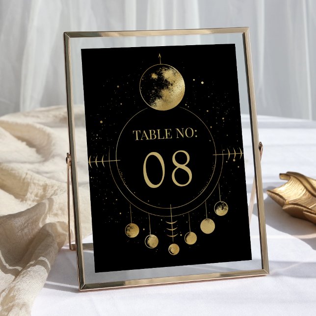 Himmlische Schwarze Goldene Mondphasen Hochzeit Tischnummer (Von Creator hochgeladen)