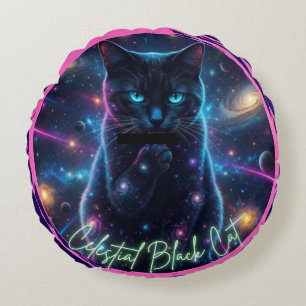 Himmlische schwarze Katze Rundes Kissen