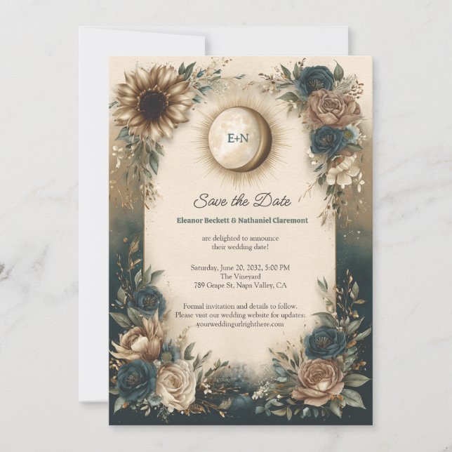 Himmlische Sonne Mond Boho Floral Save-the-Date Save The Date (Vorderseite)
